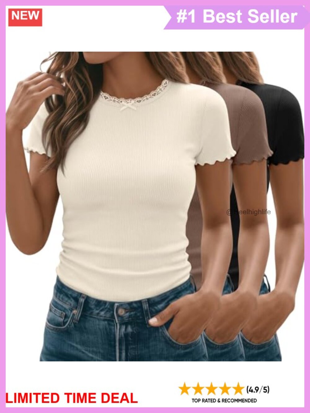Women's 3 Pack Lettuce Trim Short Sleeve Ribbed Tops Bow Knot Crewneck